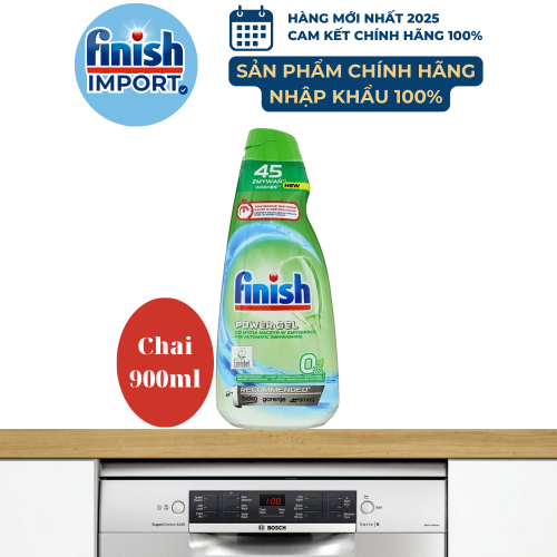 Chai 900ml Gel rửa chén Finish All in 1 Max 0% Ecolabel EU, 10 tính năng thân thiện môi trường, an toàn cho gia đình có trẻ nhỏ, cho máy 6-15 bộ